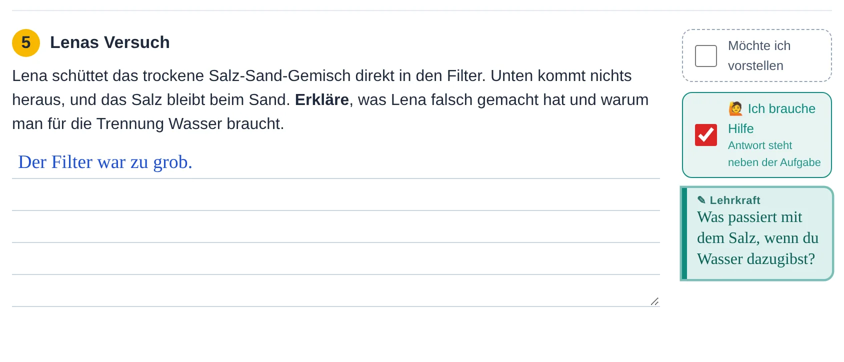 Aufgabe 3 Natrium-Atom: Hilfe angefordert, daneben ein türkiser Kommentar der Lehrkraft
