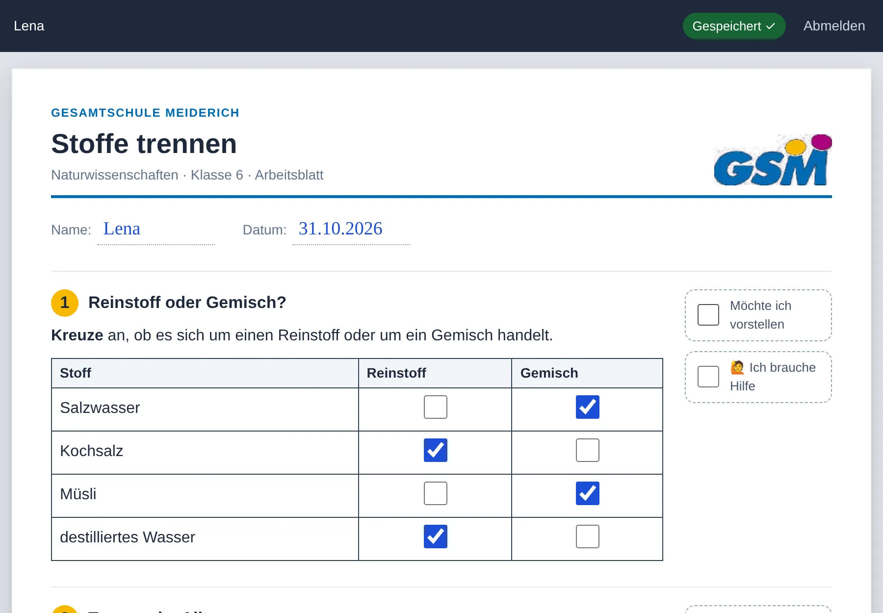 Schüleransicht: Tabelle und Lückentext ausgefüllt, bei Aufgabe 3 ist Hilfe angefordert